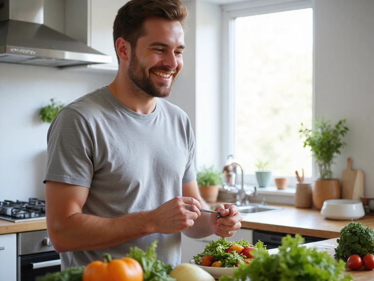 Uomo sorridente che prepara un'insalata fresca in una cucina moderna