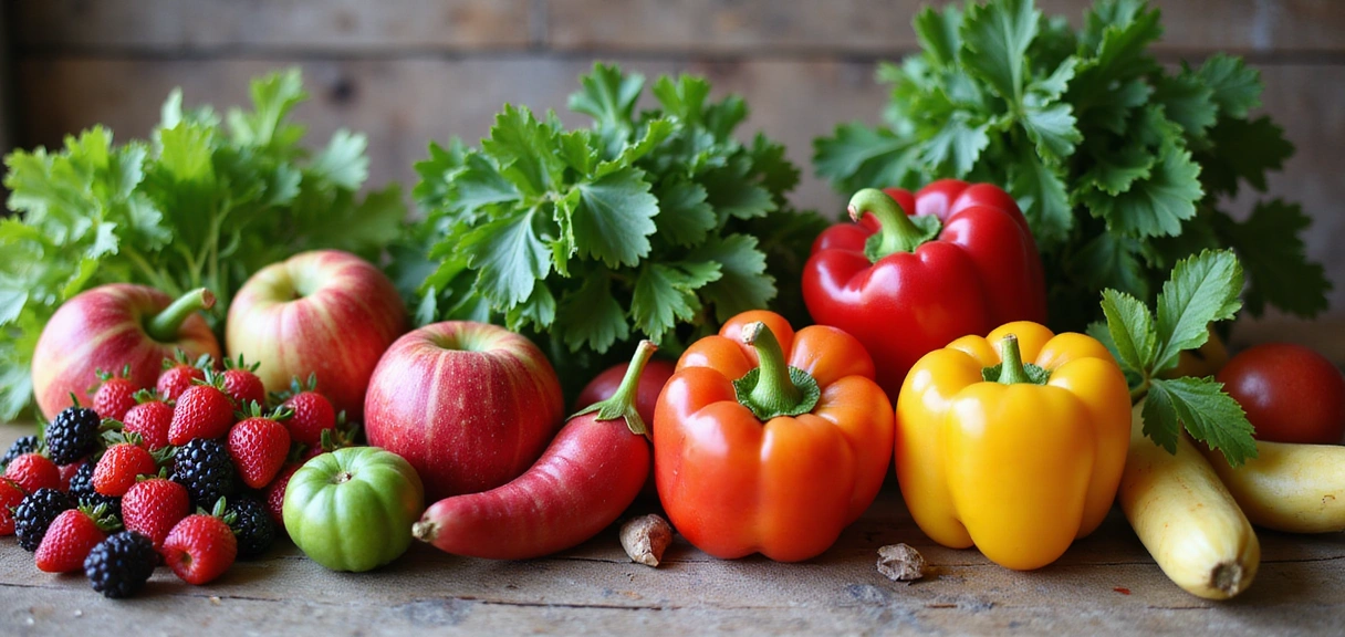 Frutta e verdura fresca e colorata su un tavolo di legno