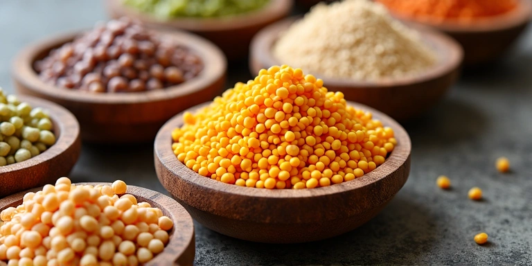 Varietà di legumi e cereali integrali in ciotole di legno