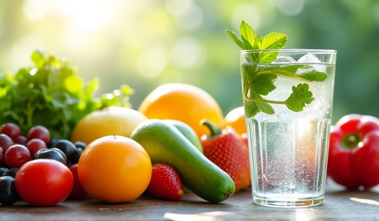 Un bicchiere d'acqua fresca accanto a frutta e verdura su un tavolo, sottolineando l'importanza dell'idratazione con una dieta ricca di fibre.