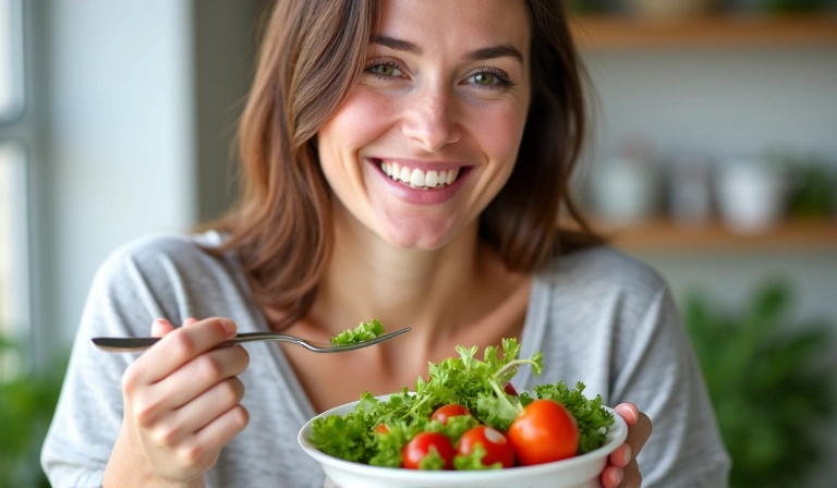Una donna sorridente che mangia un'insalata colorata, simbolo di una sana gestione del peso e un pasto ricco di fibre.